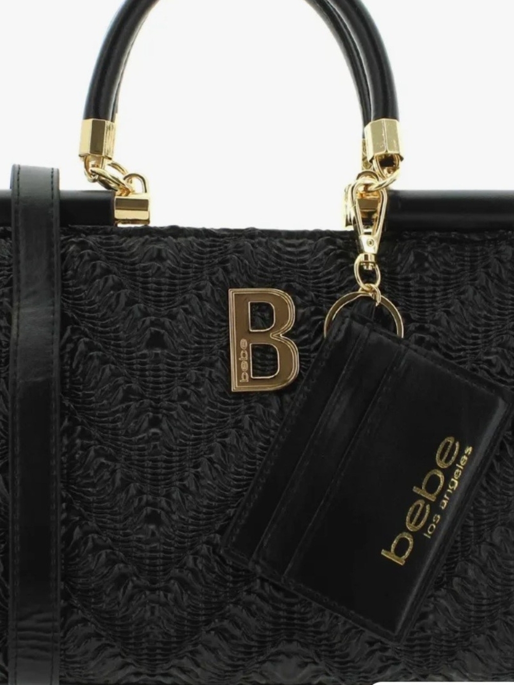 bebe Nola Black Textured Satchel with Gold Hardware and Detachable Cardholder